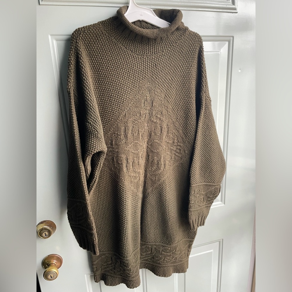 Womens small chunky mini sweater dress olive green thick warm knit turtleneck